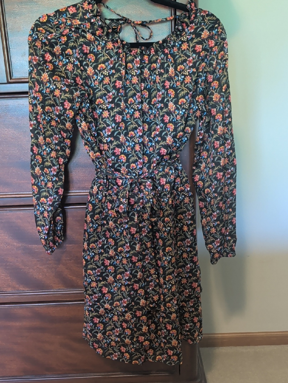 LOFT Black Long-Sleeve Floral Tie-Waist Dress